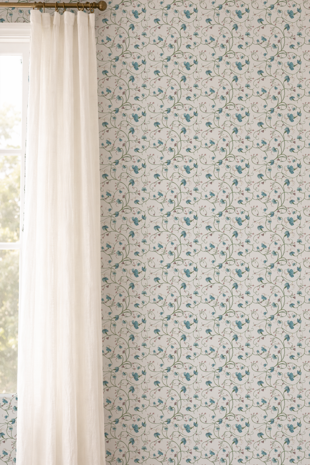 Floral wallpaper with a white curtain on a window