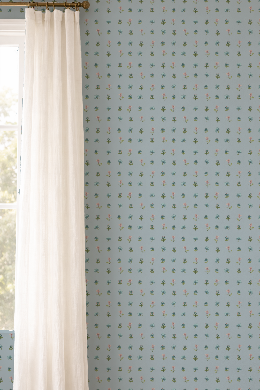 Light blue wallpaper with small pattern next to a white curtain