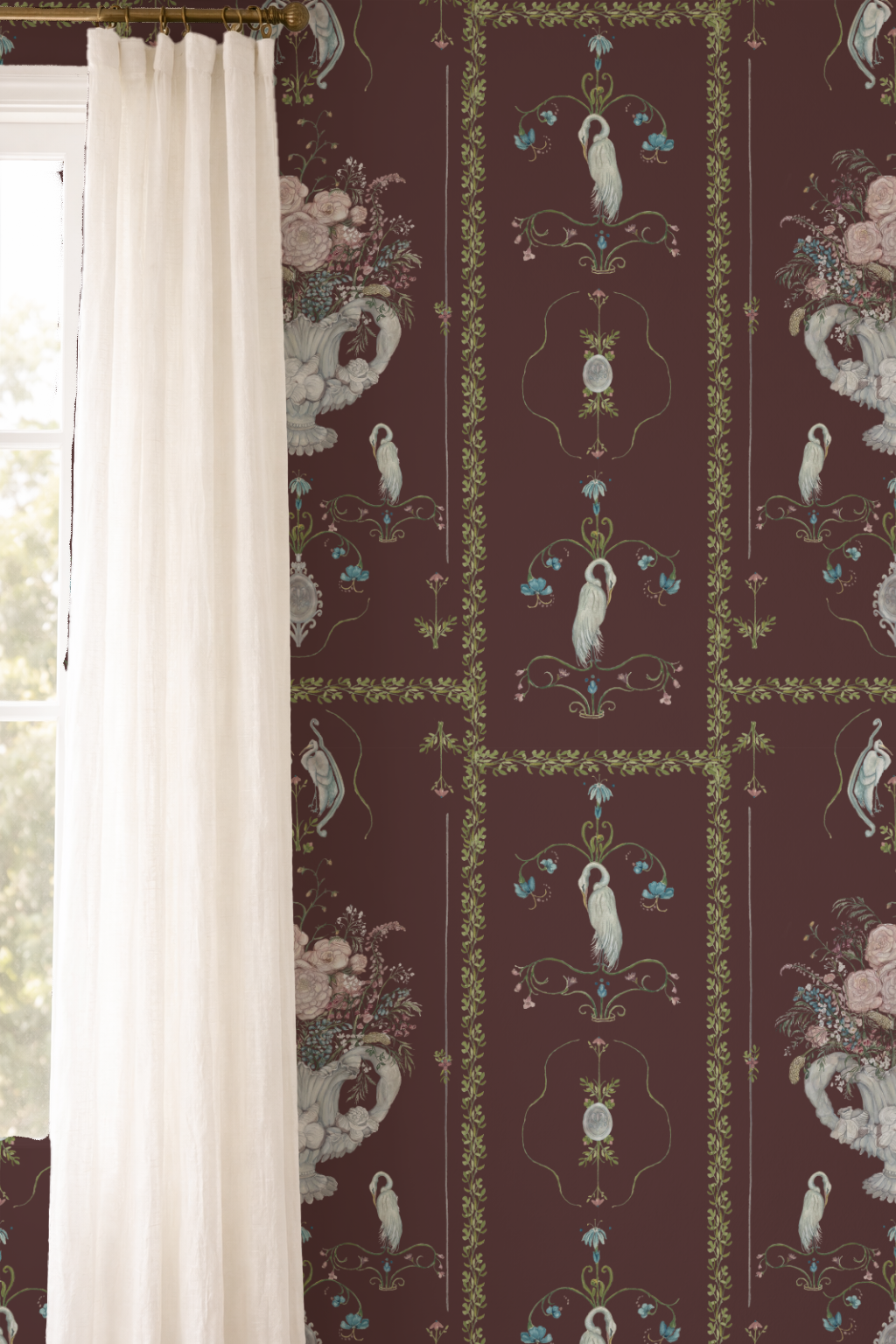 Decorative wallpaper with bird and floral patterns on a brown background, paired with white curtains.