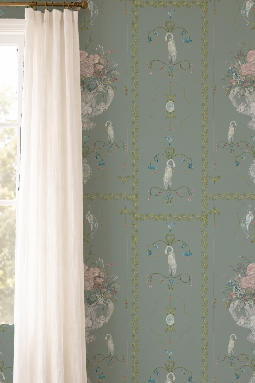 Wallpaper with bird and floral design on a light blue background, next to a white curtain.