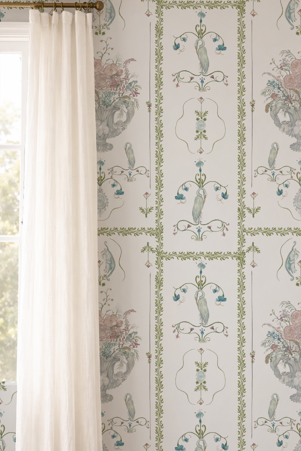 Decorative wallpaper with floral patterns and a window with white curtains.