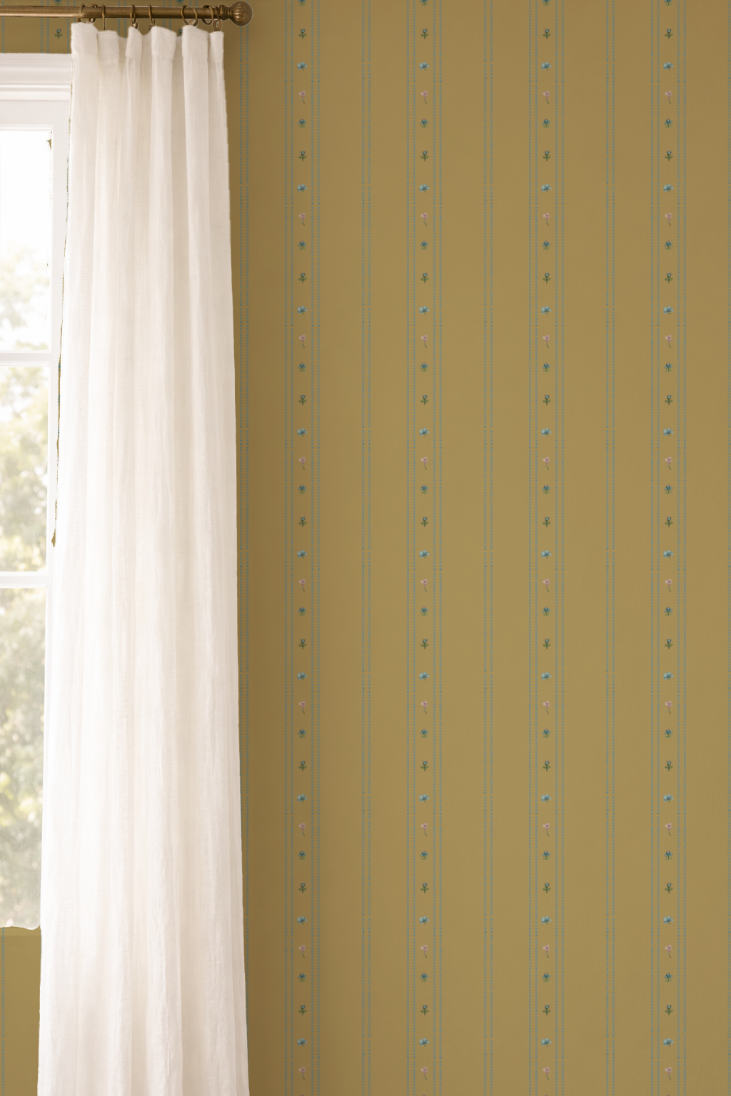 Striped curtain with a window and white curtain in the background
