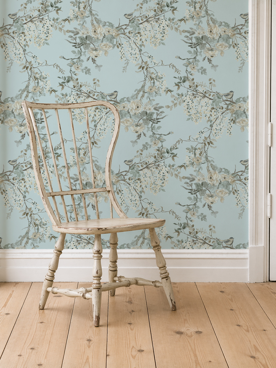 The Morning Room Weeping Wallpaper – Soft Sky Blue Floral & Bird | Traditional Cottage Melissa Dayton Wallpaper windsor chair