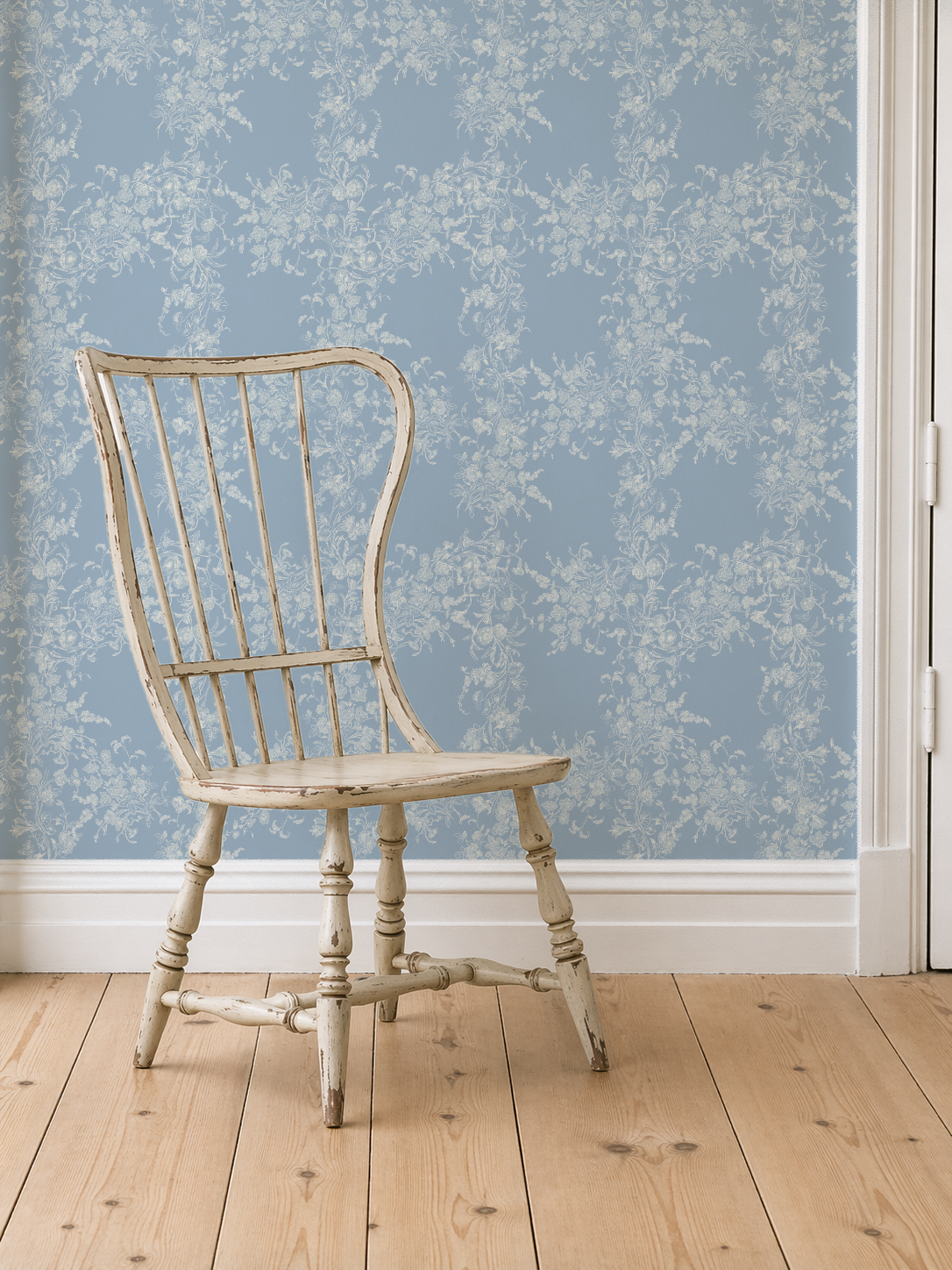 Sun Room Wallpaper | Climbing Floral Vine | Blue Monochrome | Melissa Dayton Wallpaper