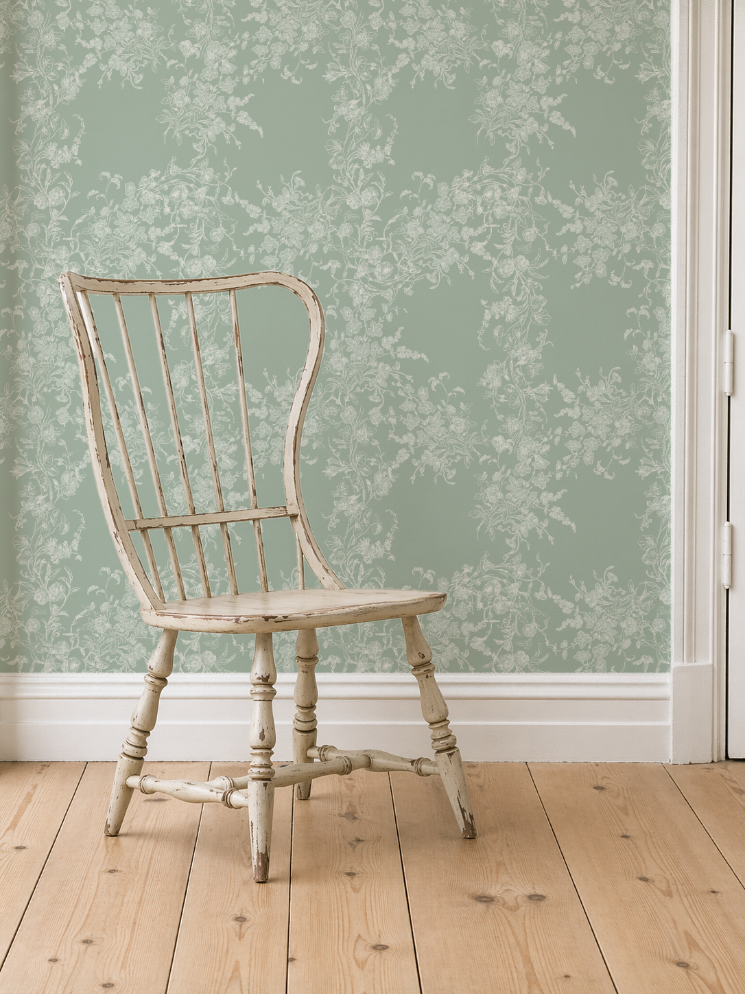Sun Room Wallpaper | Climbing Floral Vine |Garden Green Monochrome | Melissa Dayton Wallpaper