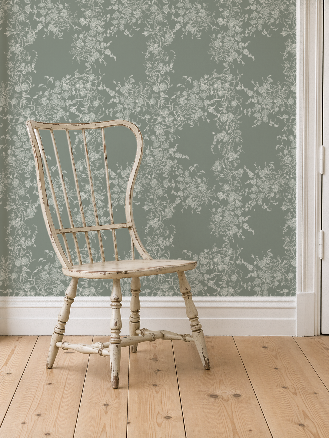 Sun Room Wallpaper | Climbing Floral Vine | Mossy Green  Monochrome | Melissa Dayton Wallpaper