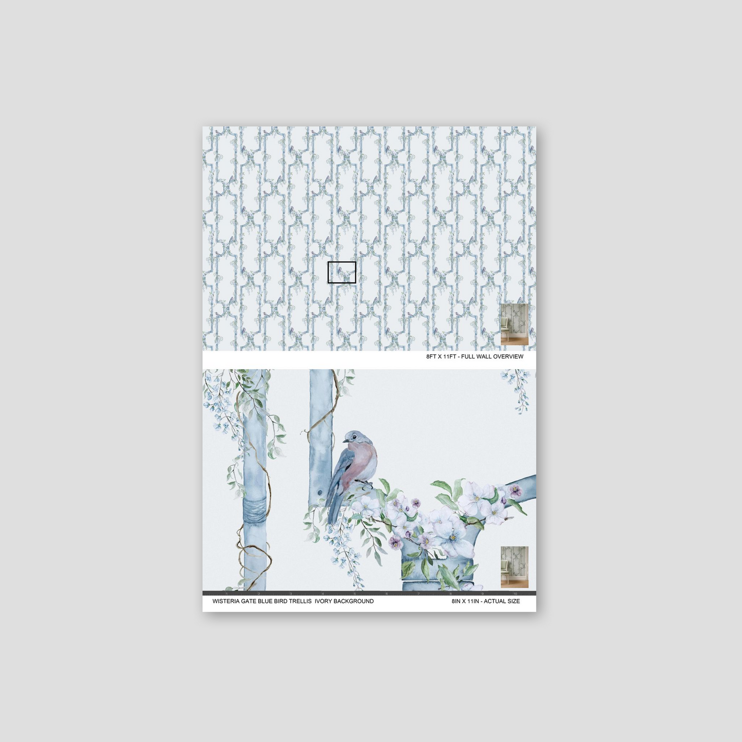 Wisteria and bird trellis wallpaper on ivory background with floral design.
