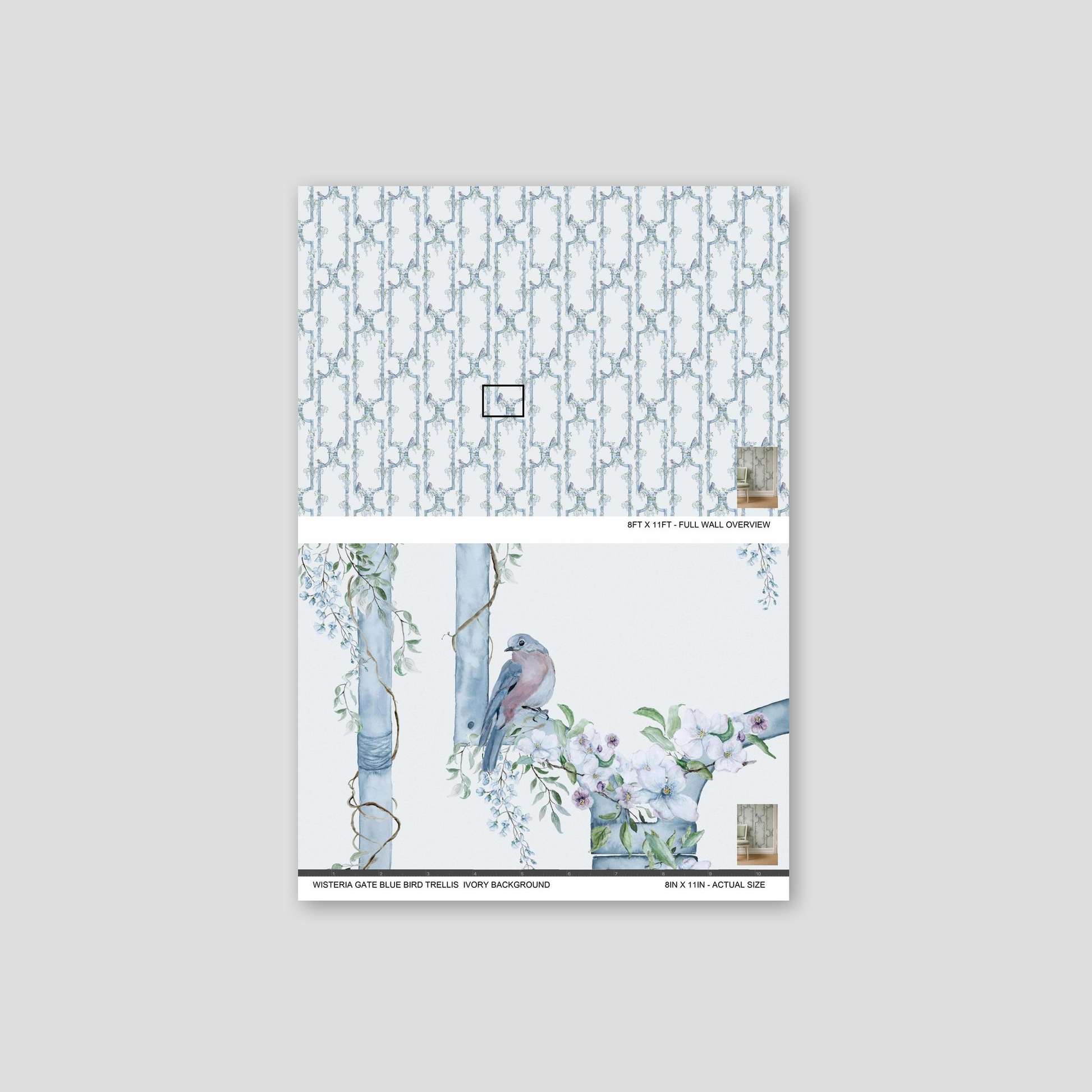 Wisteria and bird trellis wallpaper on ivory background with floral design.