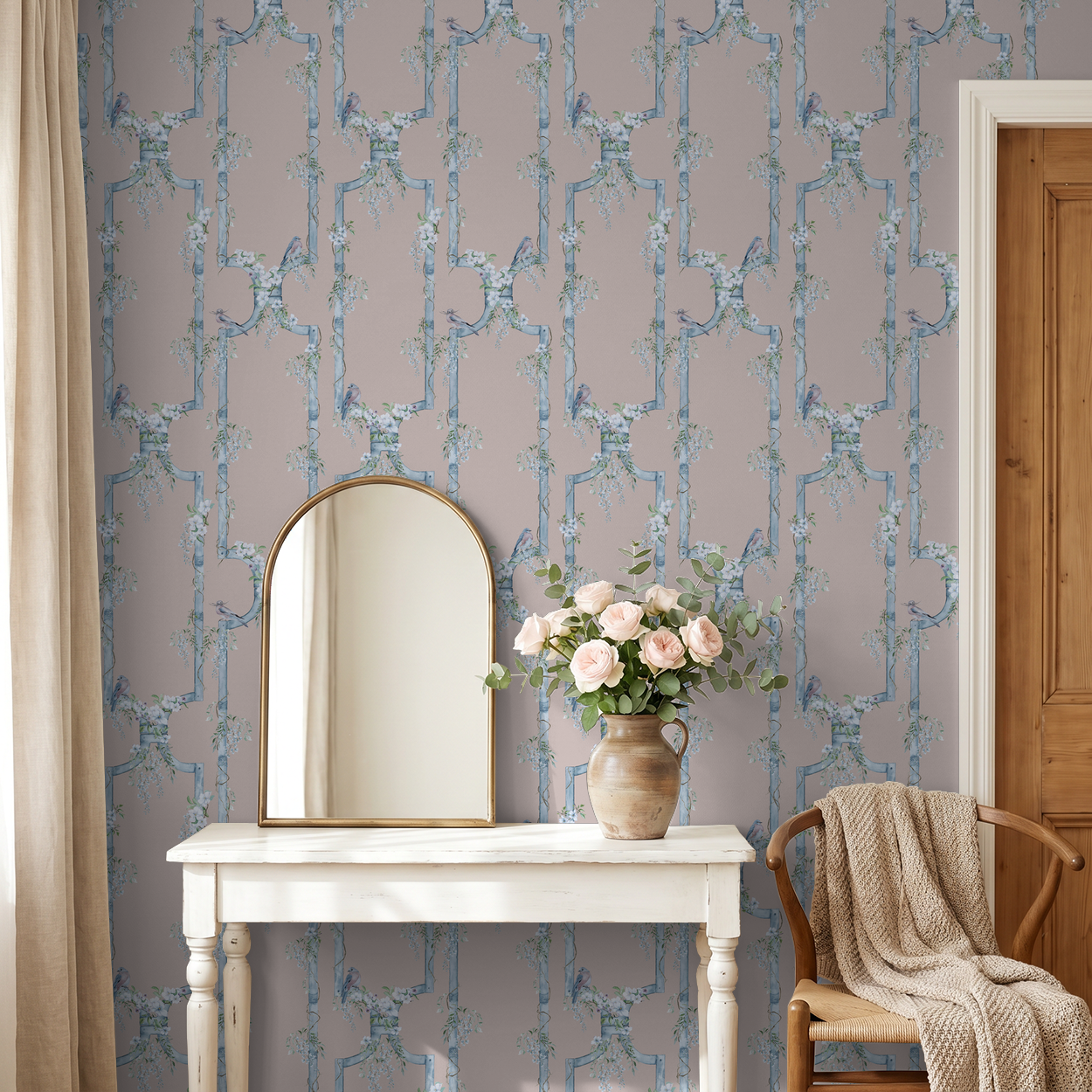 Wisteria Gate wallpaper with blue birds and floral trellis in elegant room setting.