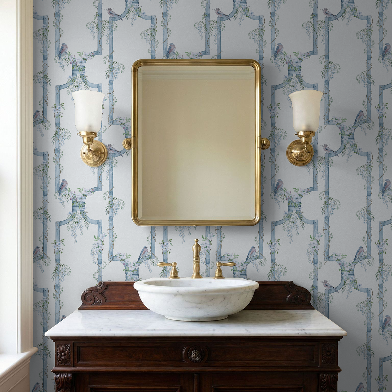 Elegant bathroom with Wisteria Gate Blue Bird Trellis wallpaper and vintage decor.