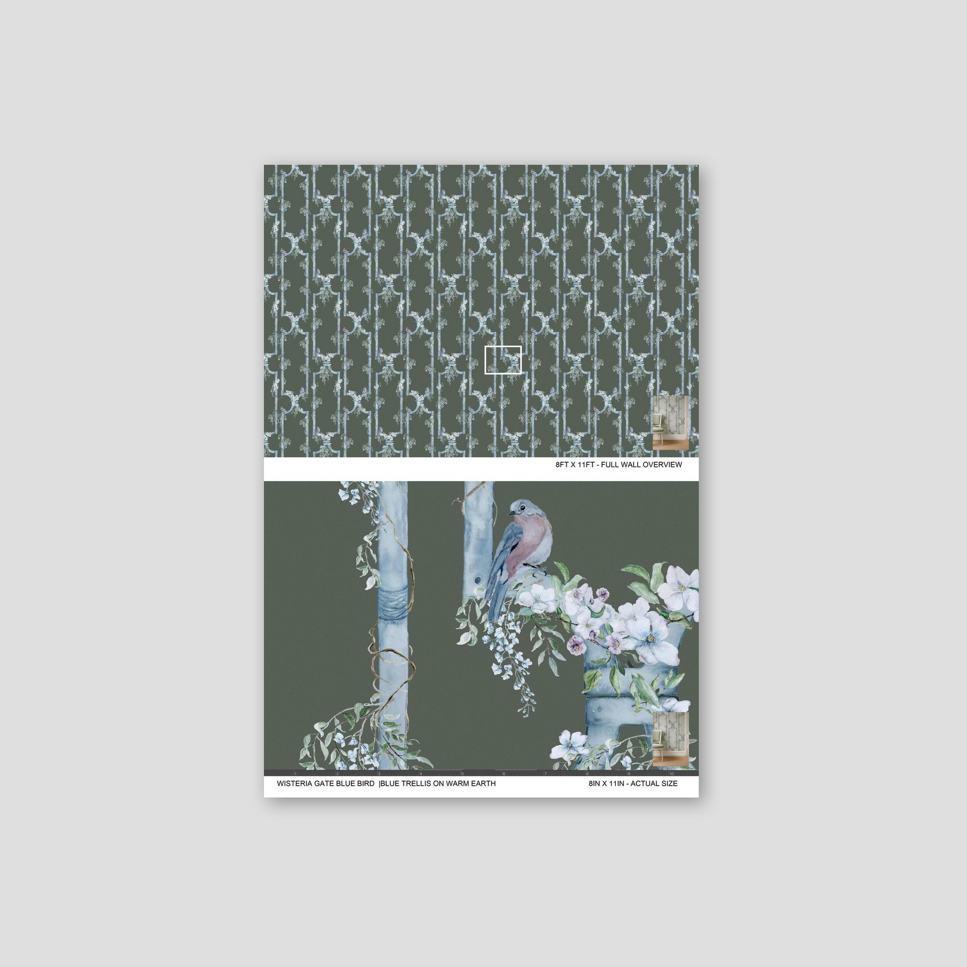 Blue trellis wallpaper with birds and flowers on green background.