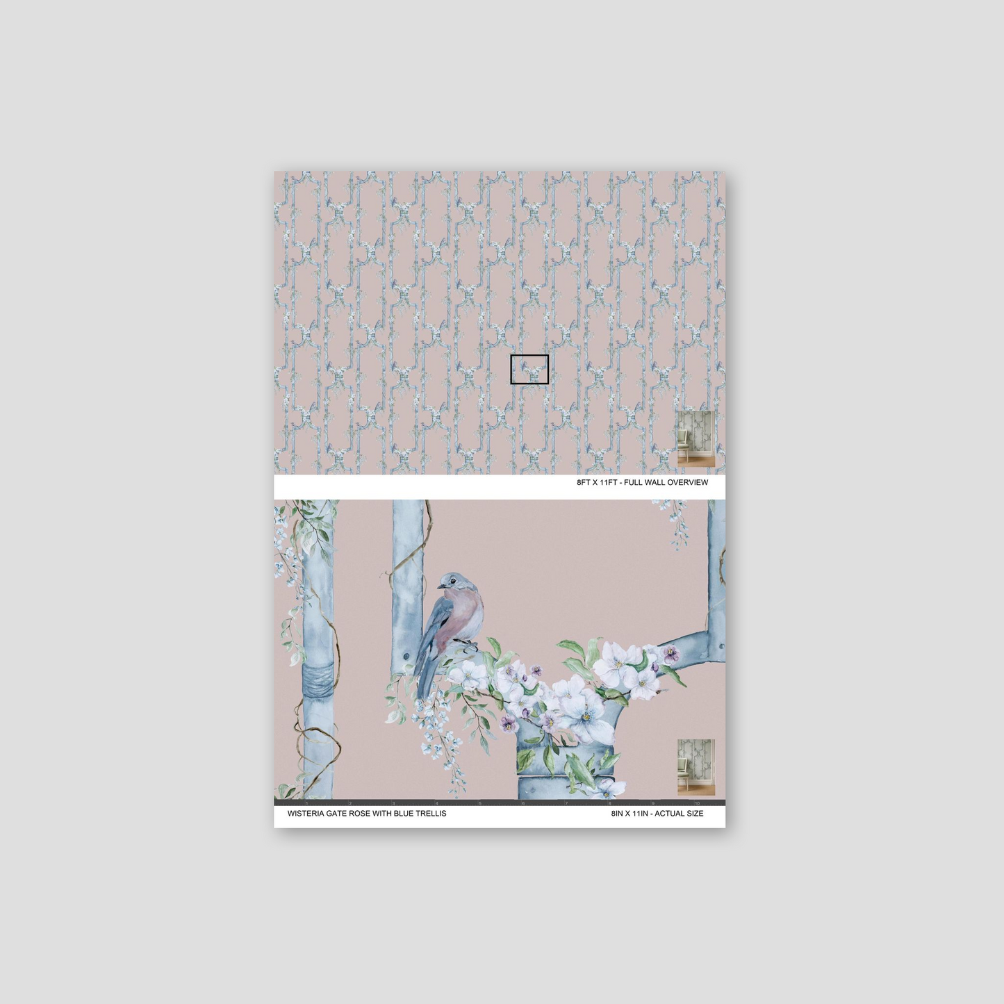 Wisteria Gate wallpaper with blue trellis and birds on pink background