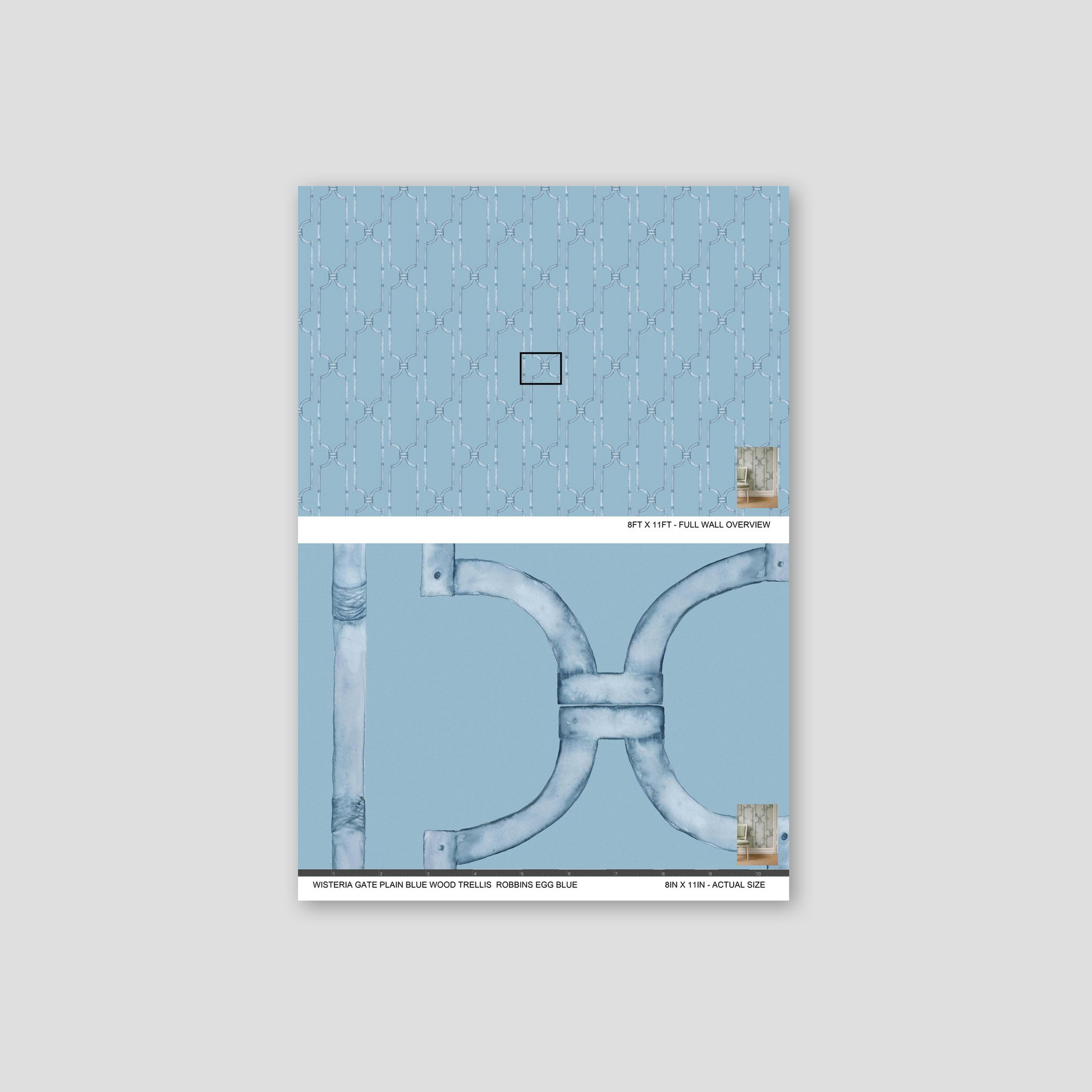 Wisteria Gate blue trellis wallpaper sample with intricate geometric pattern.