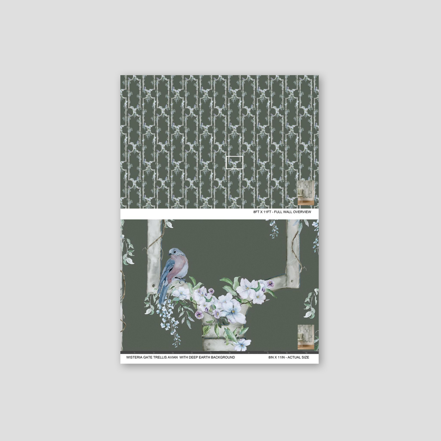 Wisteria gate trellis wallpaper with birds on deep green background.