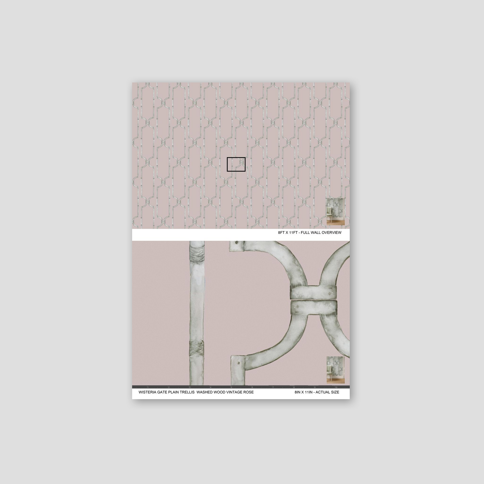 Wisteria Gate trellis wallpaper in blush with vintage rose motif sample.