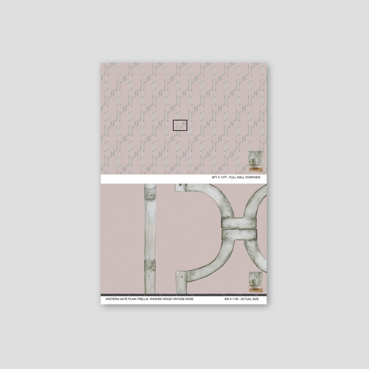 Wisteria Gate trellis wallpaper in blush with vintage rose motif sample.