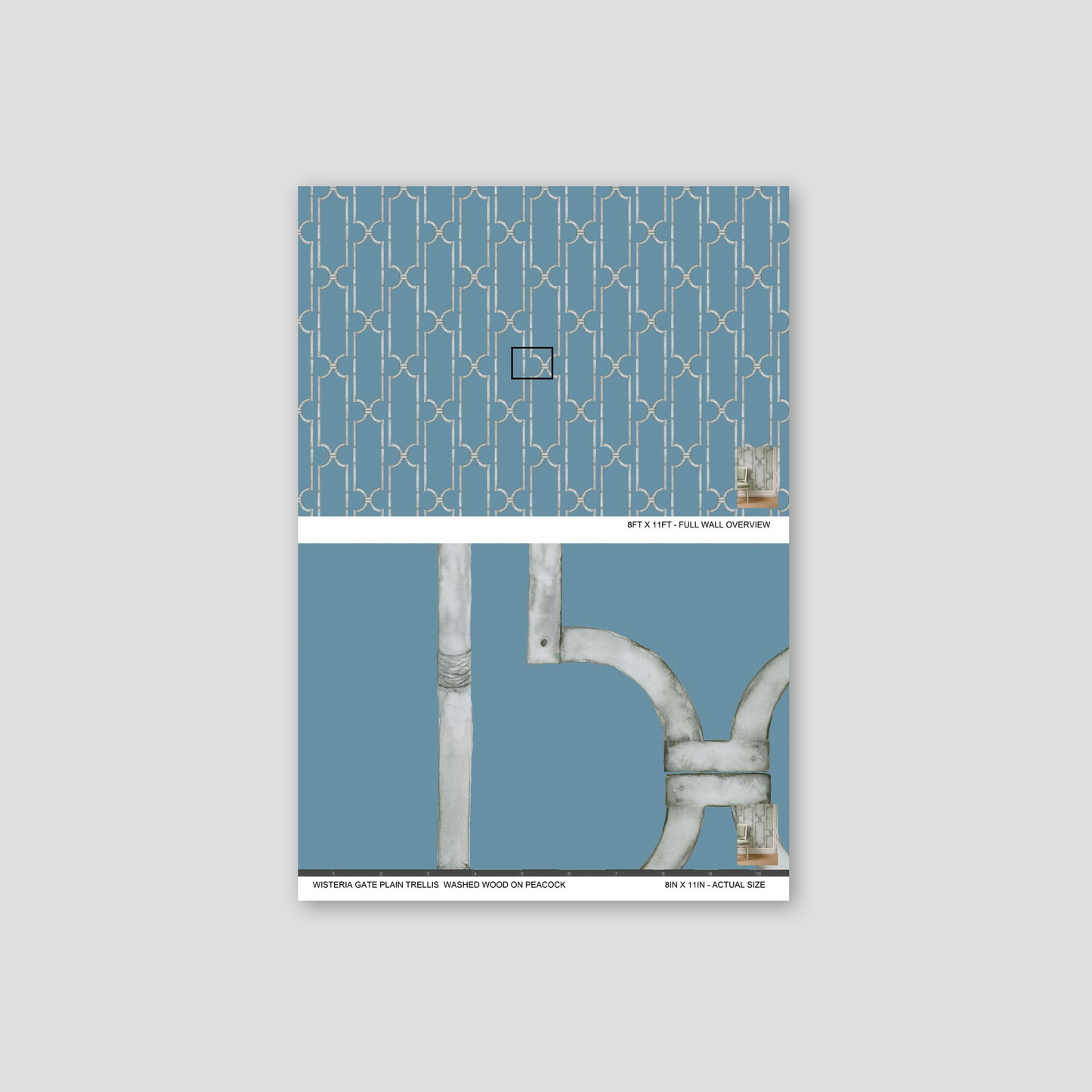 Wisteria Gate trellis wallpaper in washed wood on peacock blue with geometric pattern.