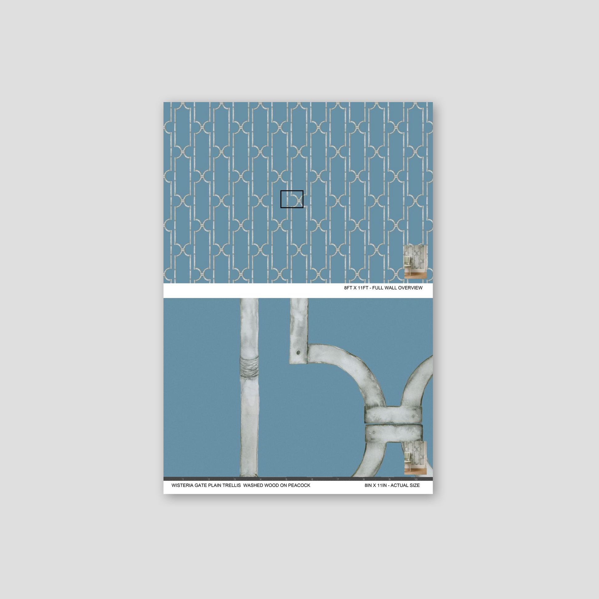 Wisteria Gate trellis wallpaper in washed wood on peacock blue with geometric pattern.