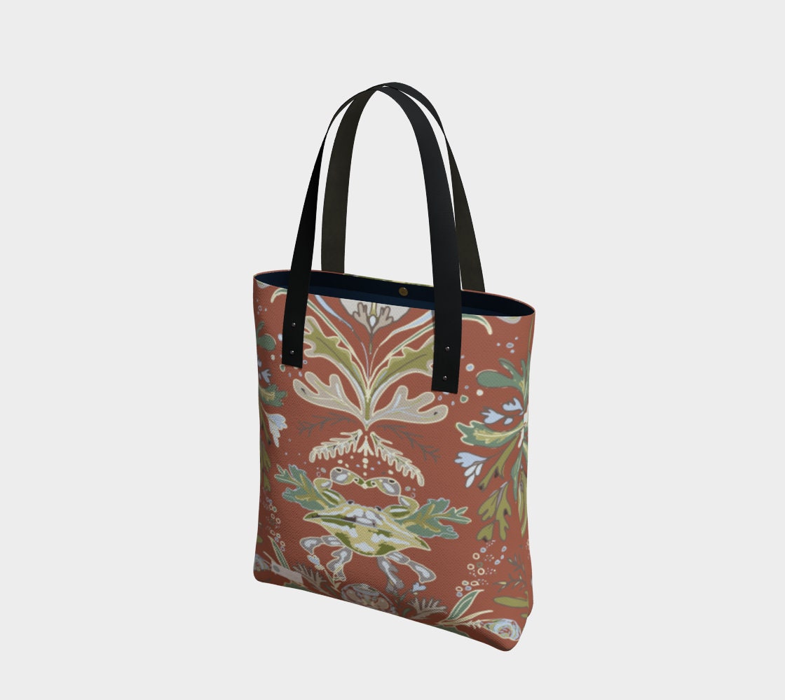 RED Crab and Seaweed Damask Tote
