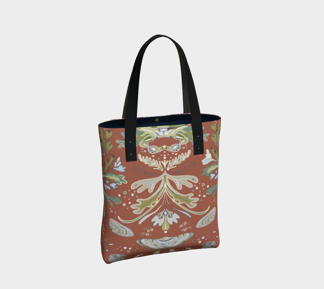 RED Crab and Seaweed Damask Tote
