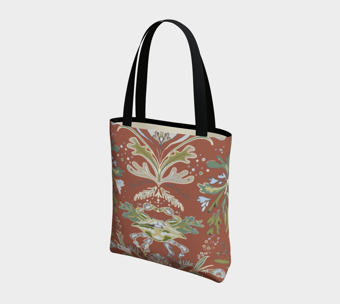 RED Crab and Seaweed Damask Tote