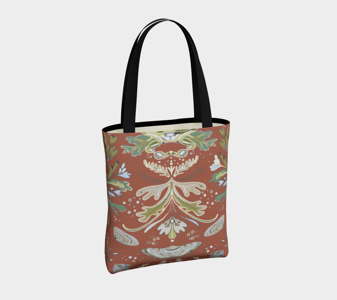 RED Crab and Seaweed Damask Tote