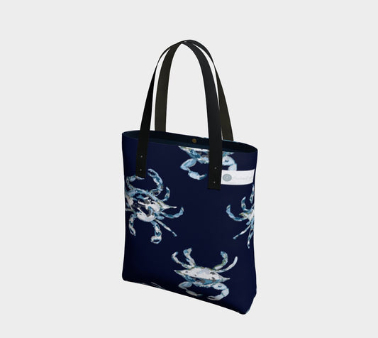 Navy crab tote leather strap